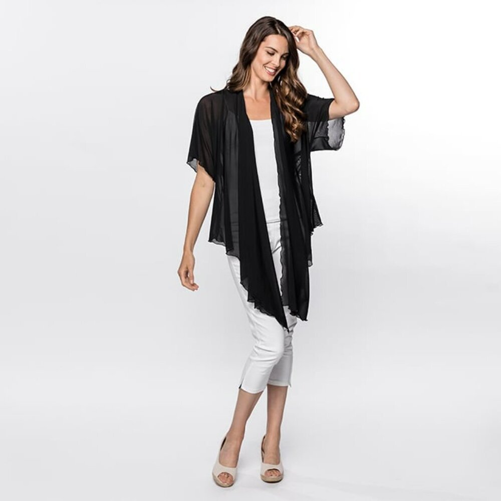 Red Coral Flowing Black Sheer Kimono Style Cardigan (C28)